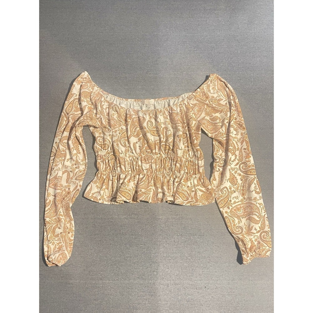 WAYF Paisley Off Shoulder Crop Top Size L Boho Long Sleeve Blouse